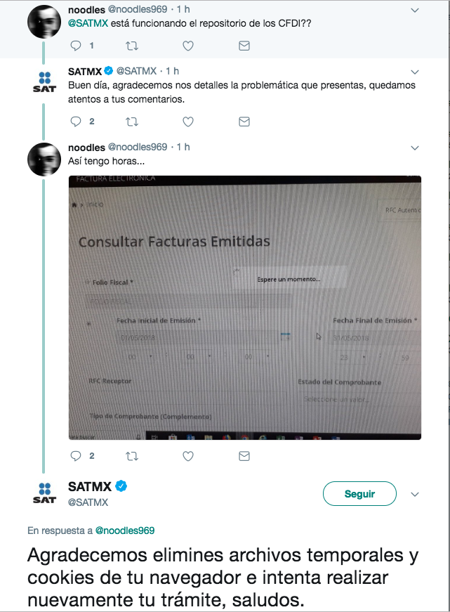 Twitter SAT respuesta error de consulta cfdis